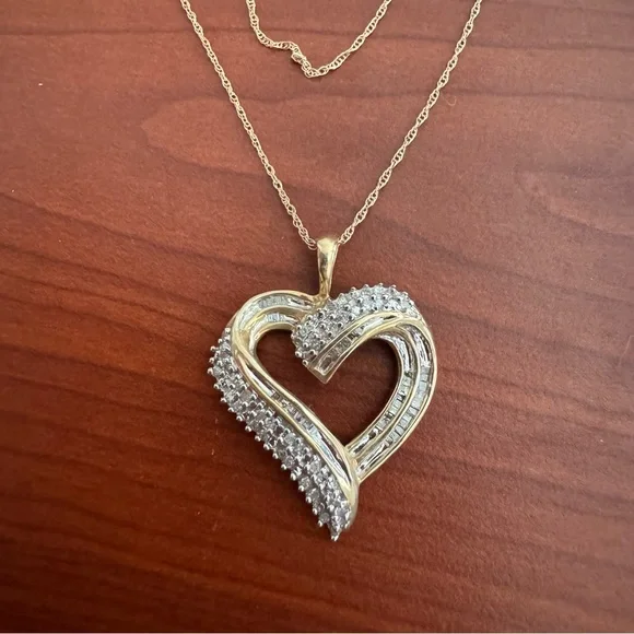 Diamond Heart Necklace 1/2 ct tw Round & Baguette 10K Yellow Gold 18" - Picture 6 of 11